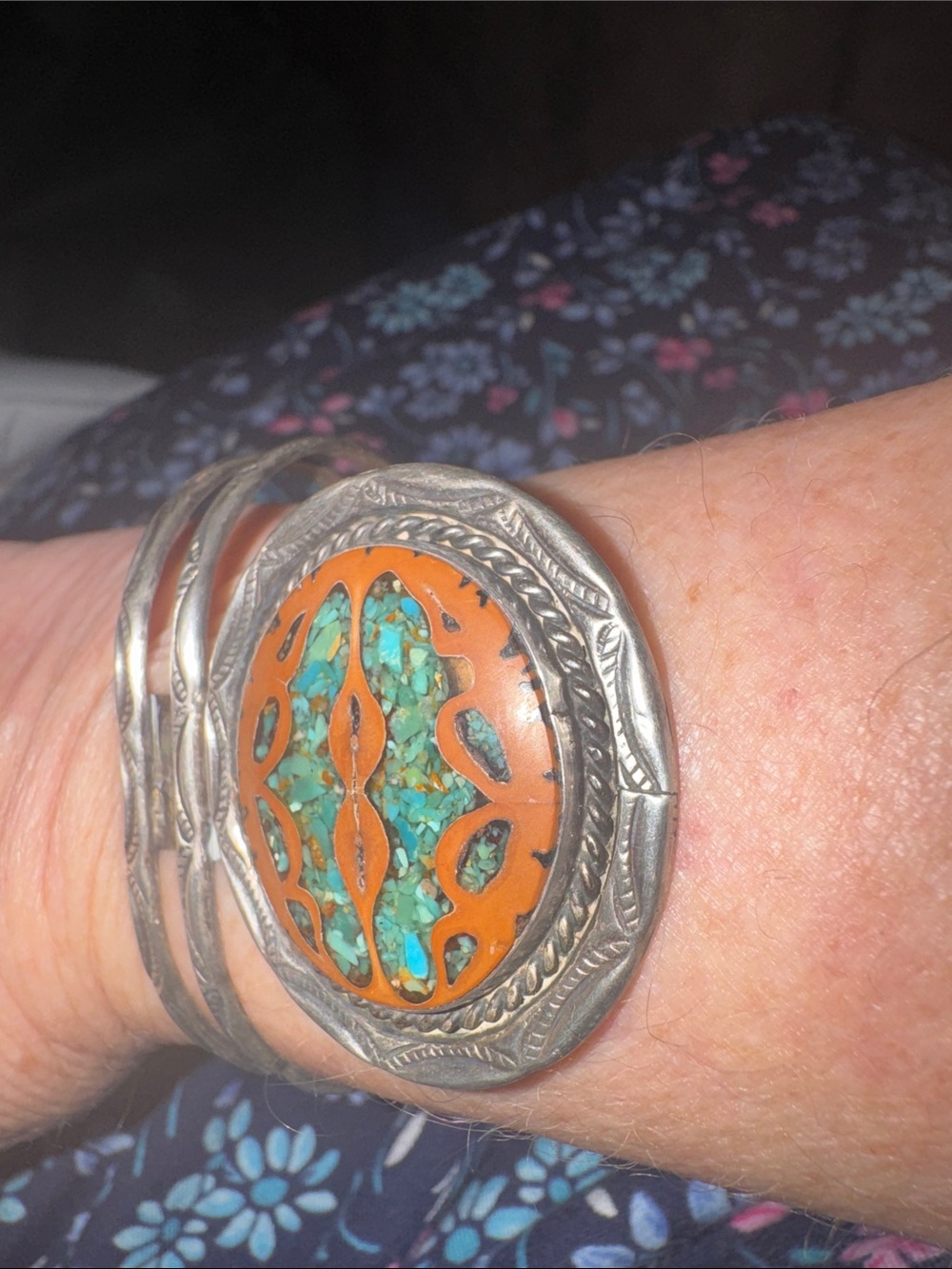 Rare Handmade Vintage Navajo Silver Cuff Bracelet with walnut andTurquoise Inlay